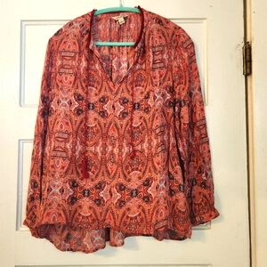 Lucky Brand Blouse, Red Pink, Paisley Top Boho Sz Large EUC Fringe Tassels Sheer